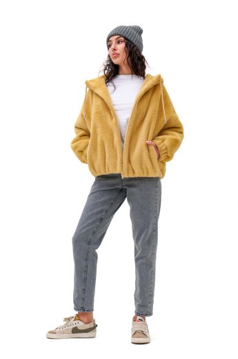 Коротка шубка з капюшоном «Люксі» жовта утеплене