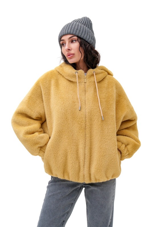 Коротка шубка з капюшоном «Люксі» жовта утеплене