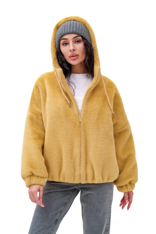 Коротка шубка з капюшоном «Люксі» жовта утеплене