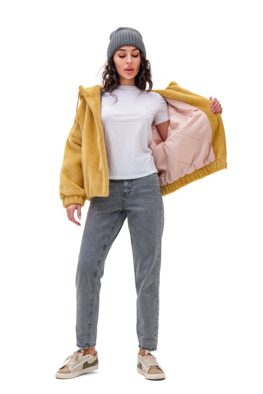 Коротка шубка з капюшоном «Люксі» жовта утеплене