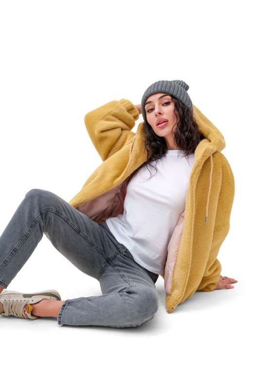 Коротка шубка з капюшоном «Люксі» жовта утеплене