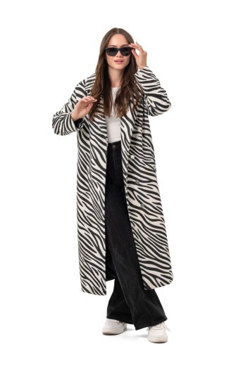 Довге пальто із еко хутра з принтом «Марсія» чорно-біла зебра