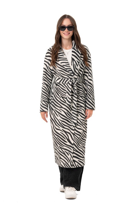 Довге пальто із еко хутра з принтом «Марсія» чорно-біла зебра