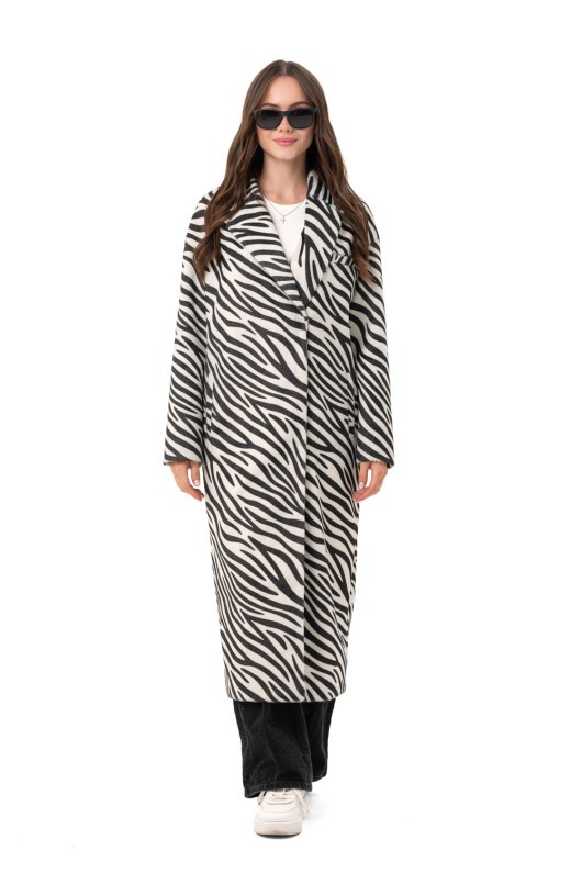 Довге пальто із еко хутра з принтом «Марсія» чорно-біла зебра