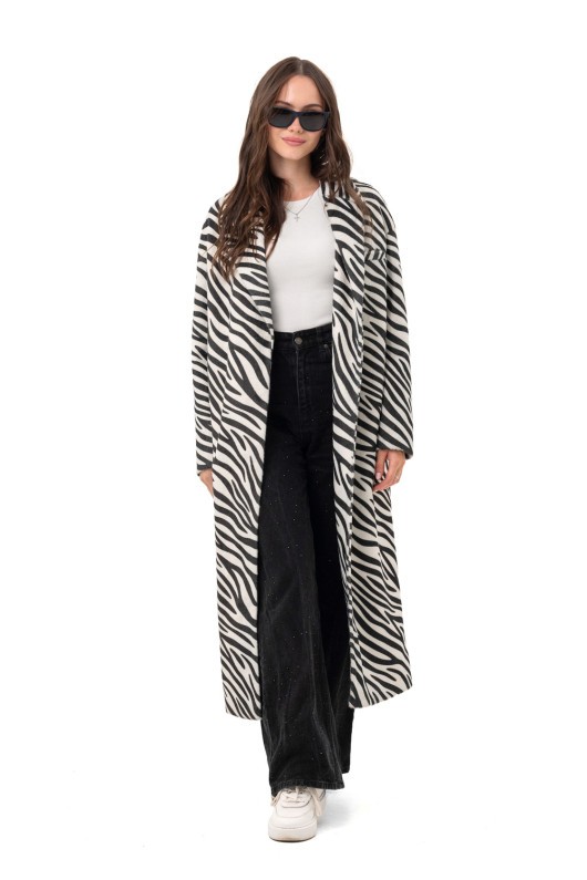 Довге пальто із еко хутра з принтом «Марсія» чорно-біла зебра