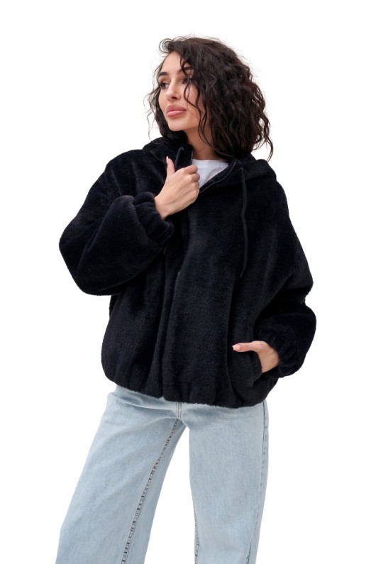 Коротка шубка з капюшоном «Люксі» чорна утеплене