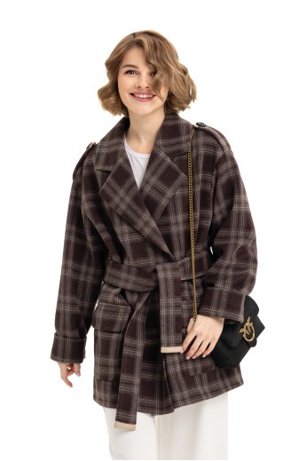 Пальто в клітинку «Хані» коричневе