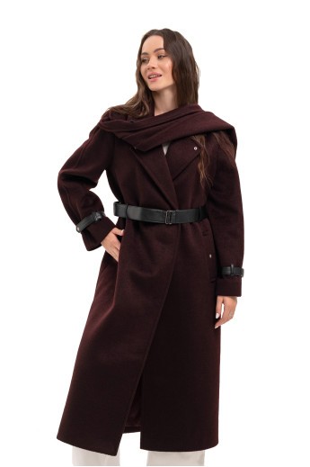Вовняне пальто з шарфом «Мікаела» бургунді