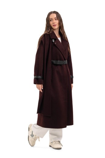 Вовняне пальто з шарфом «Мікаела» бургунді