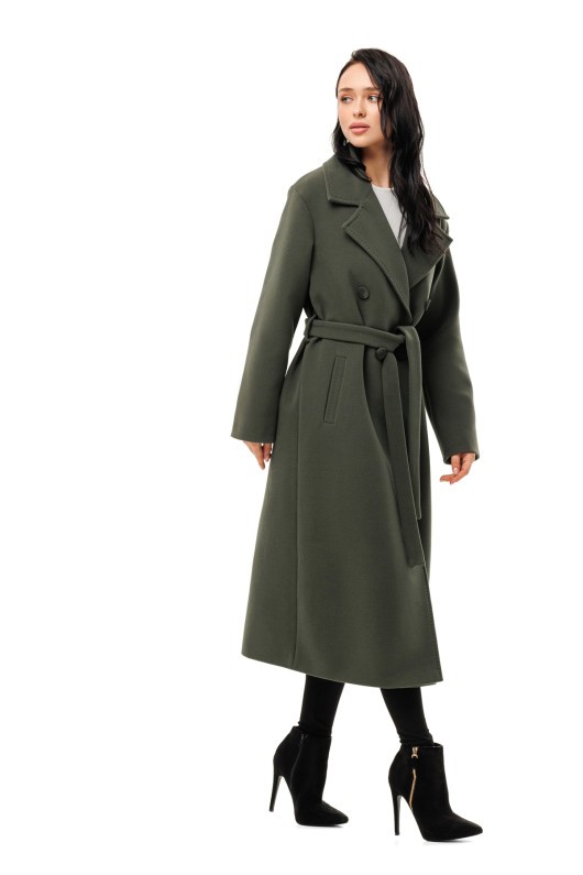 Довге елегантне пальто зі шліцею «Річі» оливковий