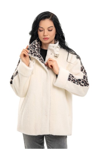 Коротке пальто на блискавці «Офелія» білий-леопард великий утеплене
