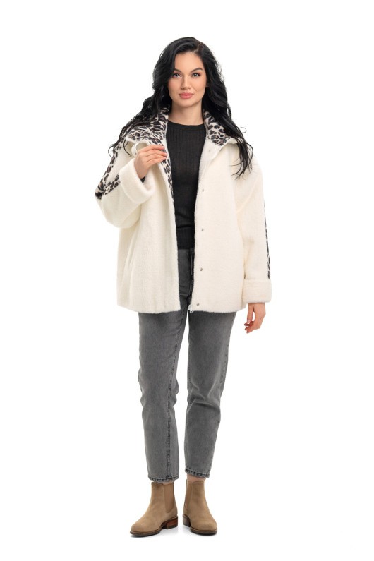Коротке пальто на блискавці «Офелія» білий-леопард великий утеплене