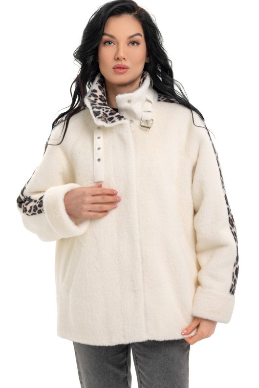 Коротке пальто на блискавці «Офелія» білий-леопард великий утеплене