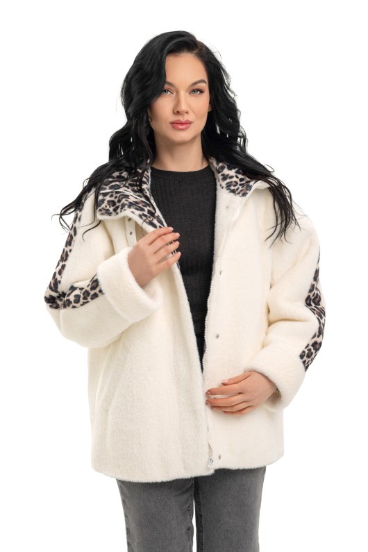 Коротке пальто на блискавці «Офелія» білий-леопард великий утеплене
