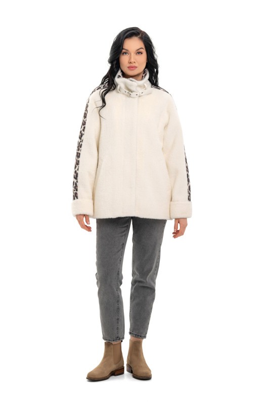 Коротке пальто на блискавці «Офелія» білий-леопард великий утеплене