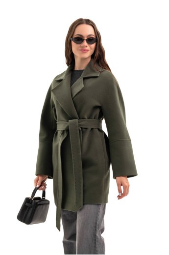 Коротке пальто на запах «Ема» оливковий