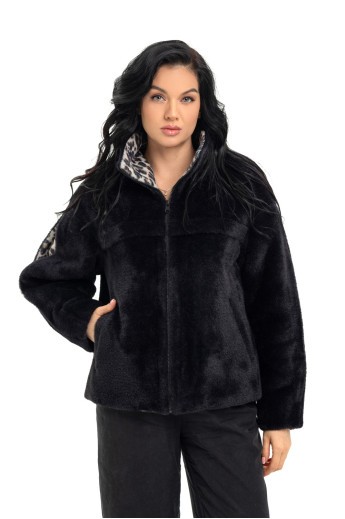 Пальто із екохутра з принтом «Анелі» чорний-леопард утеплене