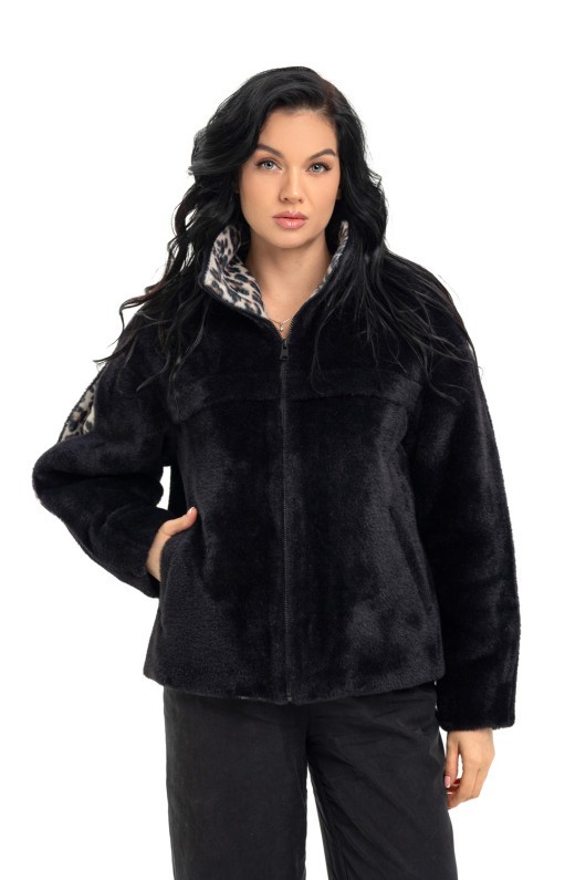 Пальто із екохутра з принтом «Анелі» чорний-леопард утеплене