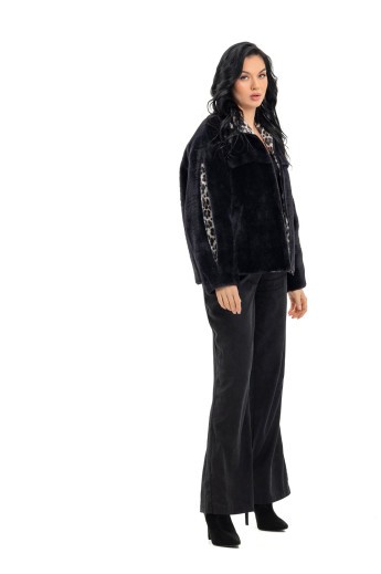 Пальто із екохутра з принтом «Анелі» чорний-леопард утеплене