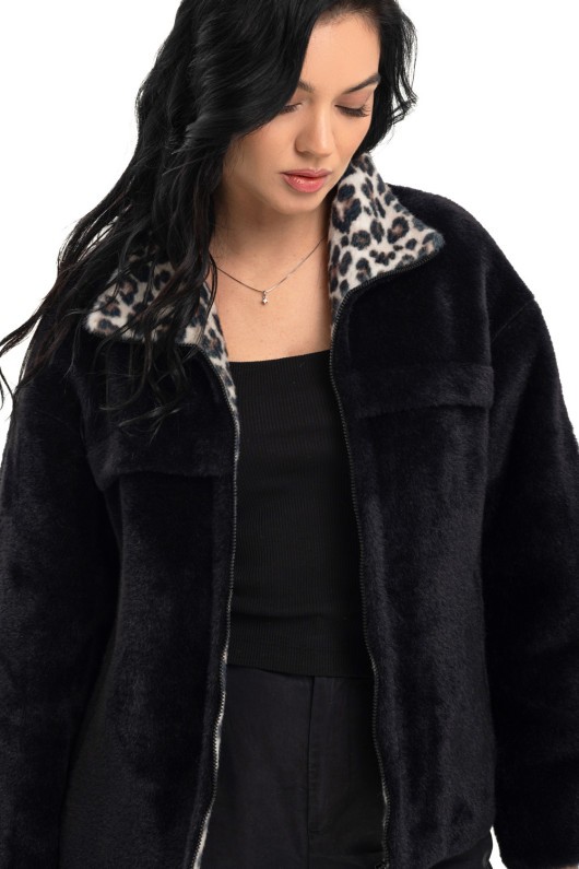 Пальто із екохутра з принтом «Анелі» чорний-леопард утеплене