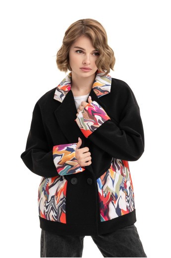 Коротке кашемірове пальто з принтом «Леоні» чорний-Хвиля