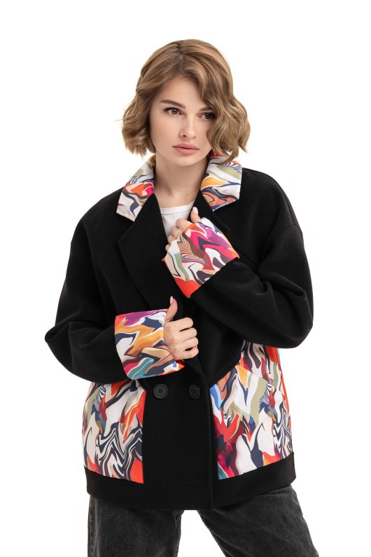 Коротке кашемірове пальто з принтом «Леоні» чорний-Хвиля