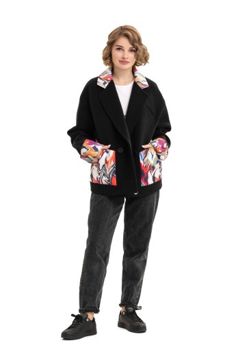 Коротке кашемірове пальто з принтом «Леоні» чорний-Хвиля