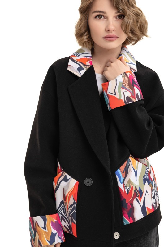 Коротке кашемірове пальто з принтом «Леоні» чорний-Хвиля