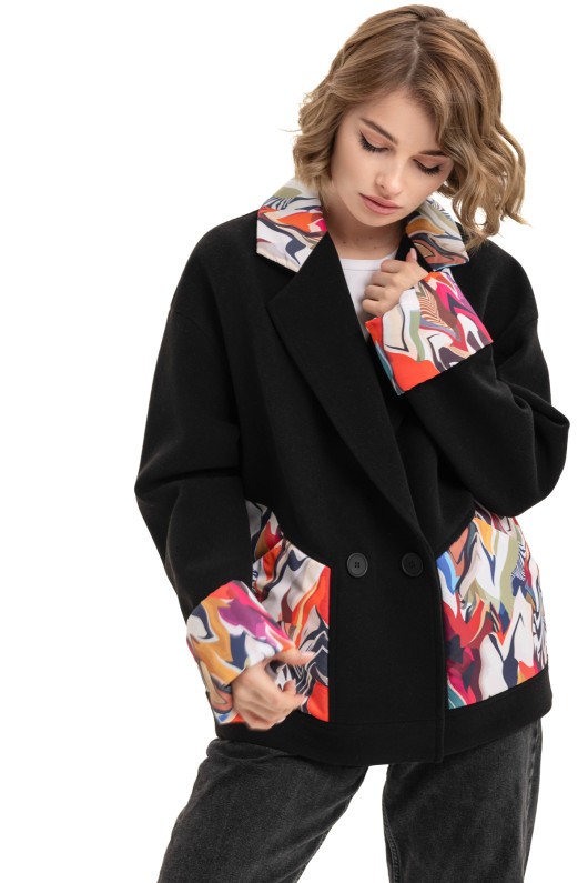 Коротке кашемірове пальто з принтом «Леоні» чорний-Хвиля