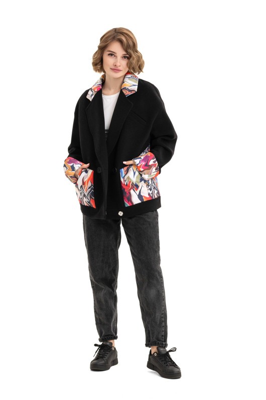 Коротке кашемірове пальто з принтом «Леоні» чорний-Хвиля