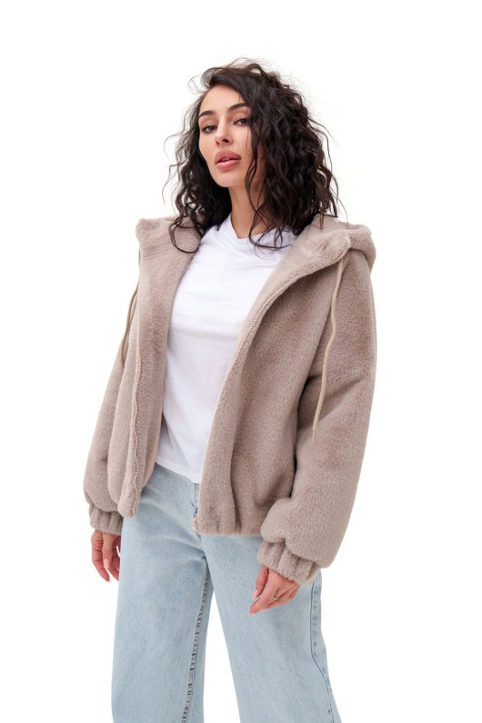 Коротка шубка з капюшоном «Люксі» бежева утеплене