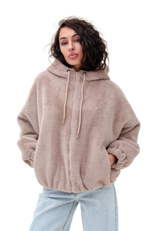 Коротка шубка з капюшоном «Люксі» бежева утеплене