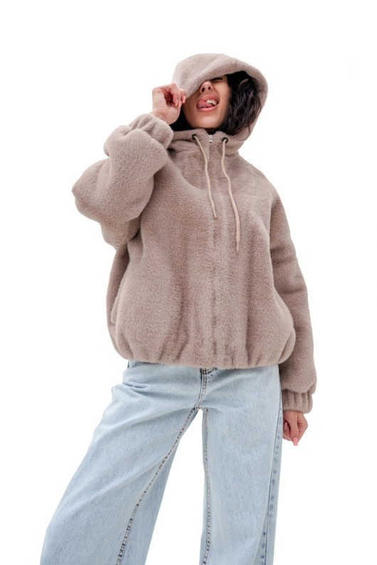 Коротка шубка з капюшоном «Люксі» бежева утеплене