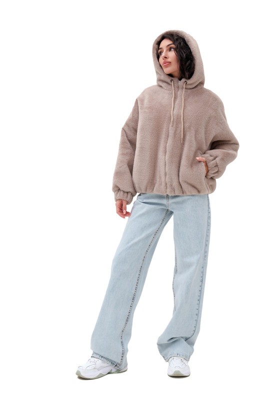 Коротка шубка з капюшоном «Люксі» бежева утеплене