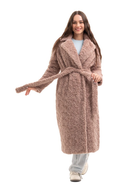 Довга зимова шуба еко барашек «Меді» пудра утеплене