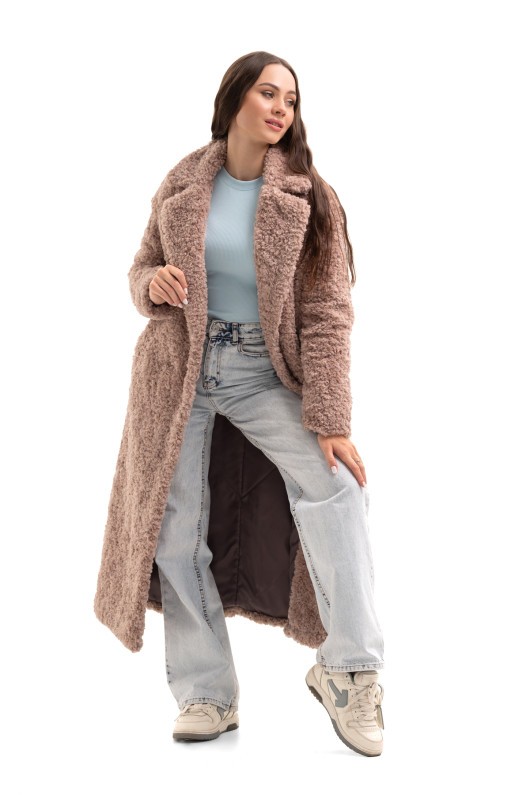 Довга зимова шуба еко барашек «Меді» пудра утеплене