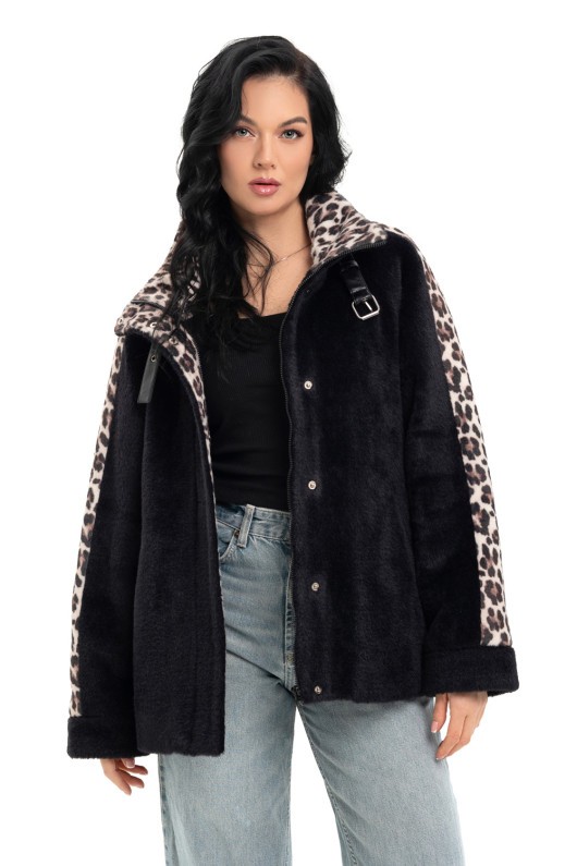 Коротке пальто на блискавці «Офелія» чорний-леопард великий утеплене