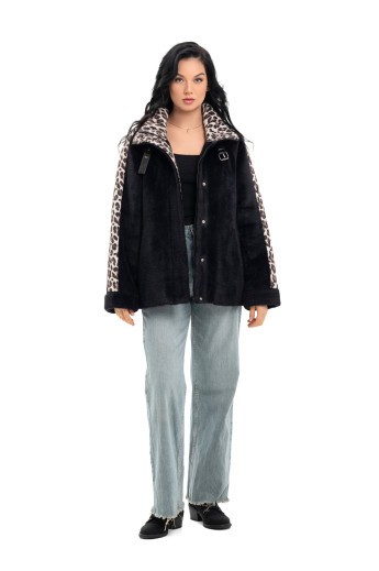 Коротке пальто на блискавці «Офелія» чорний-леопард великий утеплене