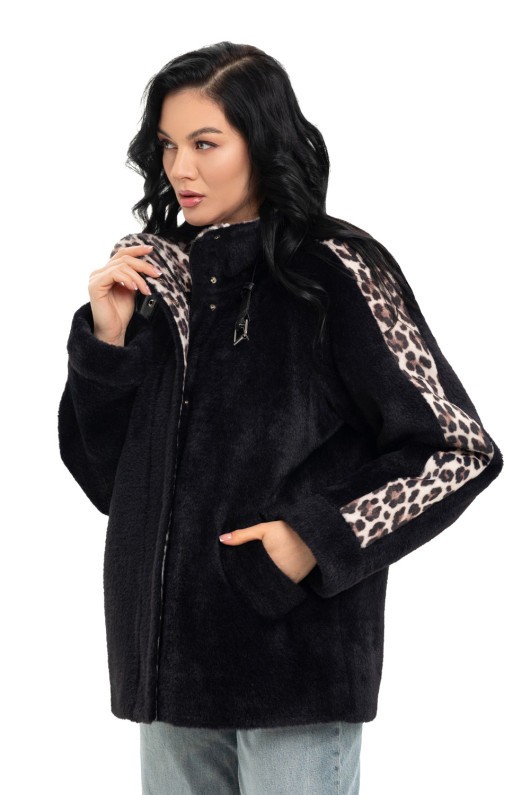 Коротке пальто на блискавці «Офелія» чорний-леопард великий утеплене
