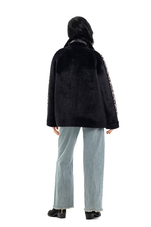 Коротке пальто на блискавці «Офелія» чорний-леопард великий утеплене