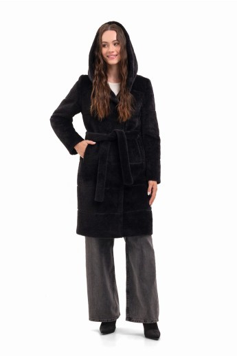 Вишукана шуба з капюшоном  «Іві» чорна утеплене