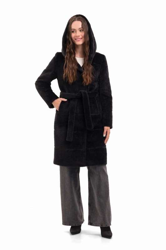 Вишукана шуба з капюшоном  «Іві» чорна утеплене